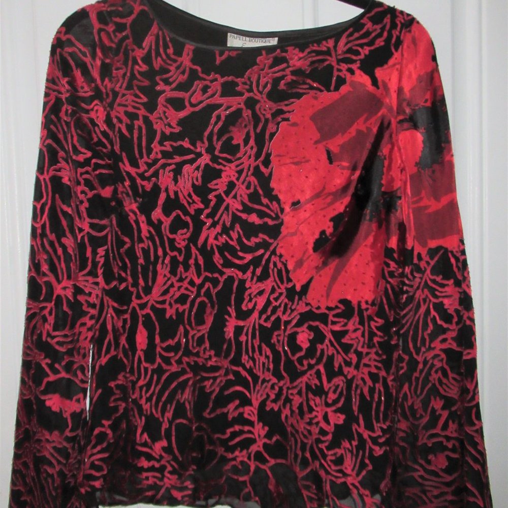 Black Vintage Blouse with Red Beadwork and Red Floral Design